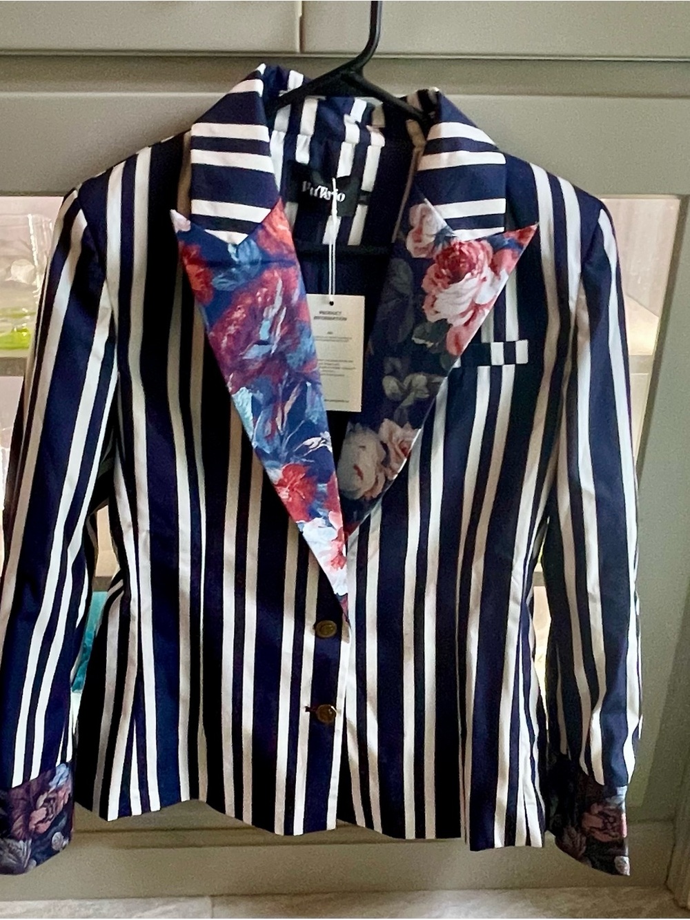 Striped Navy & White Blazer with Floral Lapel - Women